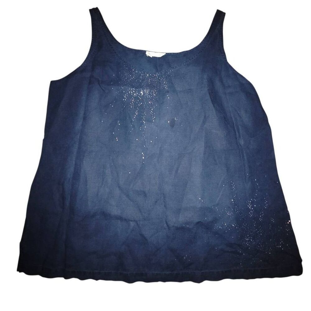 Eileen Fisher Woman 3X sleeveless v-neck tank top Navy 100% Irish handkerchief l